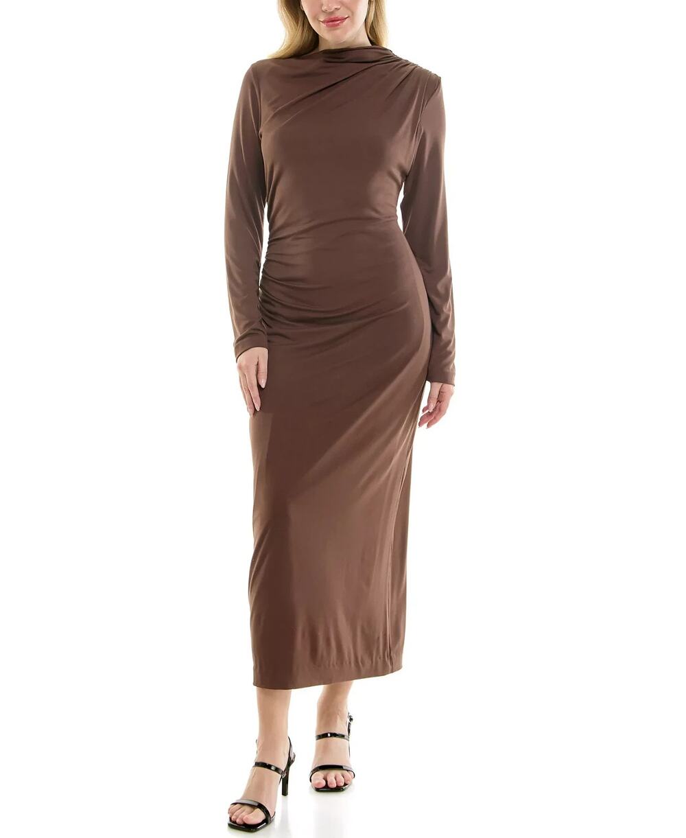 Taylor Women's Ruched Long-Sleeve Bodycon Dress Brown Size 16 3788